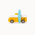 Toy van with a surfboard on a white background