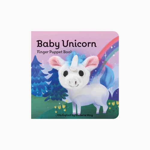 Baby Unicorn finger puppet book cover with a unicorn and rainbow illustration.