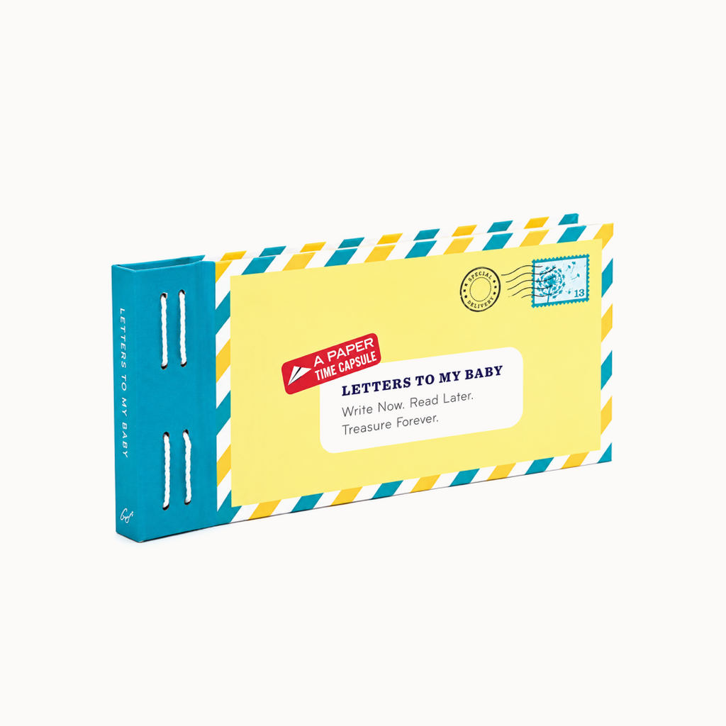 Book titled 'Letters to My Baby' with a yellow cover and blue spine on a white background