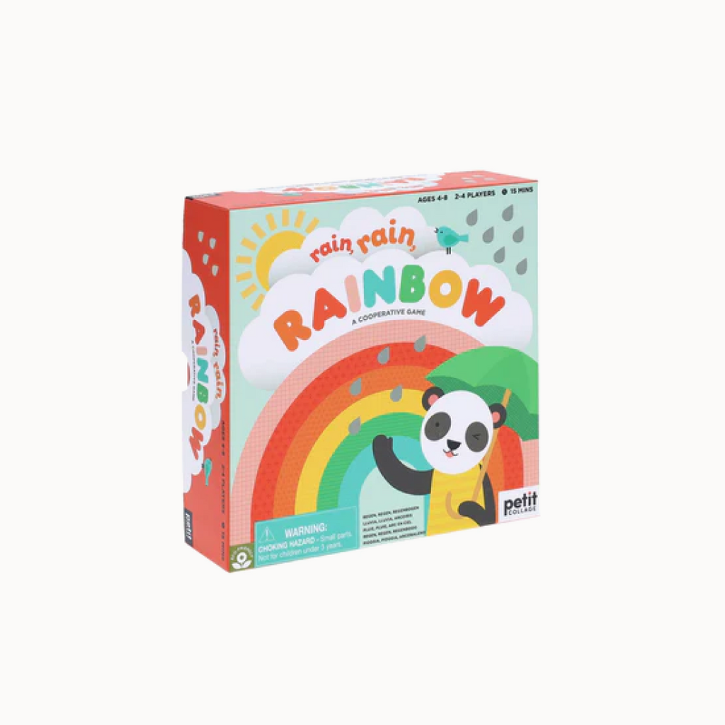 Board game box for 'rain rain RAINBOW' with a panda character and colorful design.