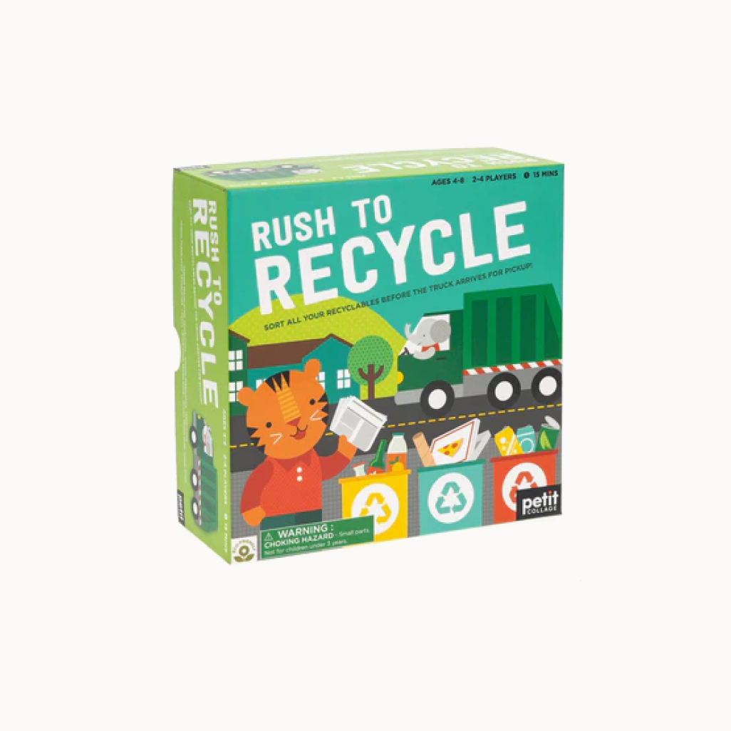 Board game box titled 'Rush to Recycle' with a tiger character and recycling theme.