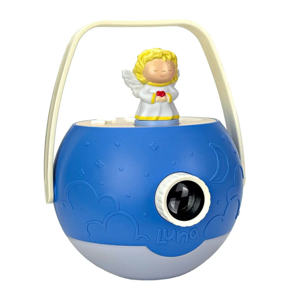 angel figurine displayed on blue luna projector