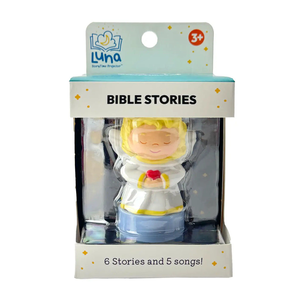 angel figurine in box labeled bible stories
