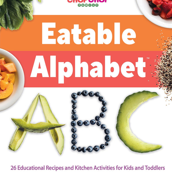 Book cover of 'Eatable Alphabet' with letters made from fruits and vegetables and colorful text.