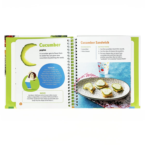 Children's book open to a page about making a cucumber sandwich with illustrations and text.