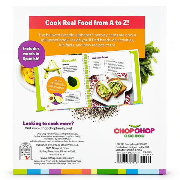 Back cover of a book titled 'Cook Real Food from A to Z' by Chop Chop Family with colorful design elements.