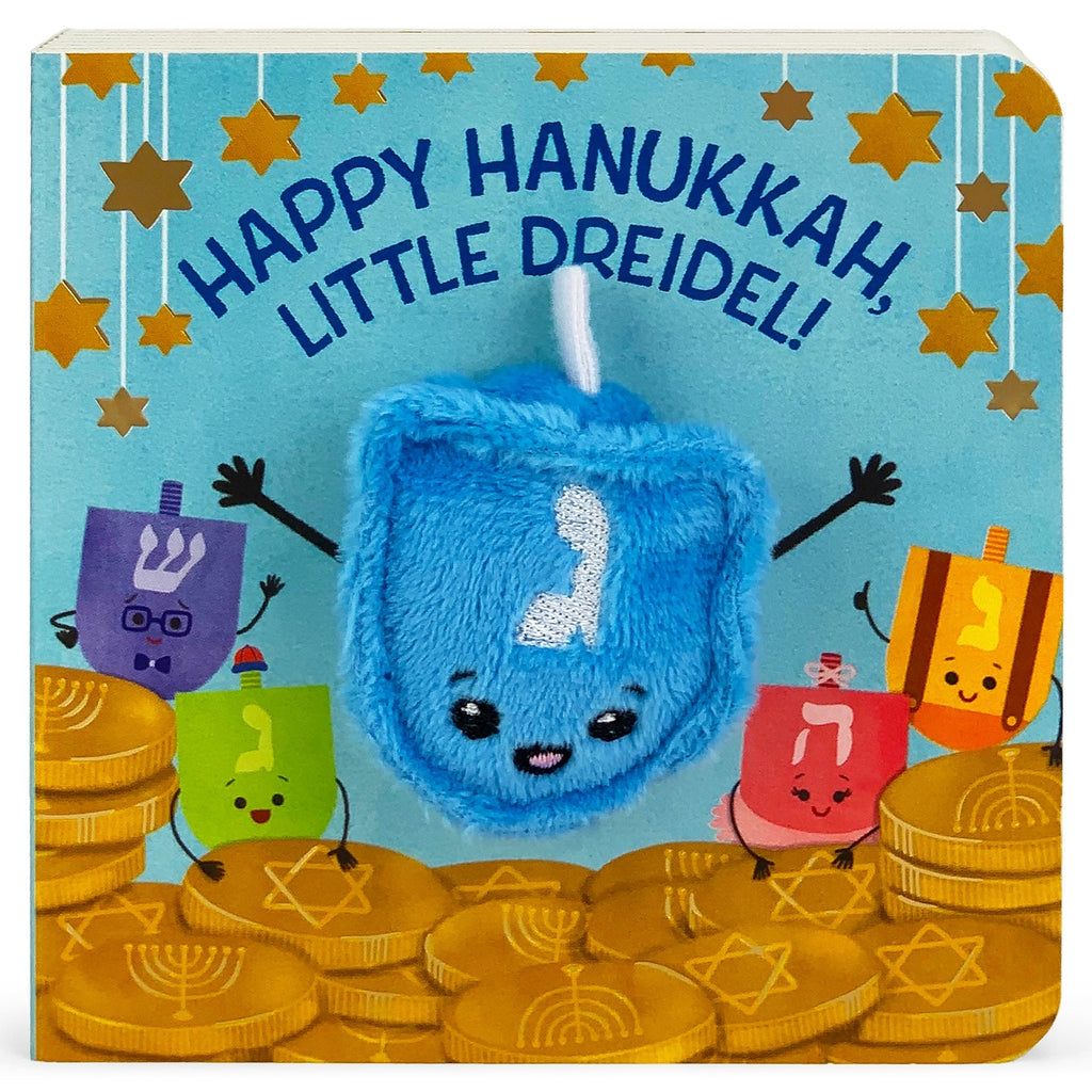 Children's book cover with a blue dreidel, gold coins, and colorful characters on a blue background.