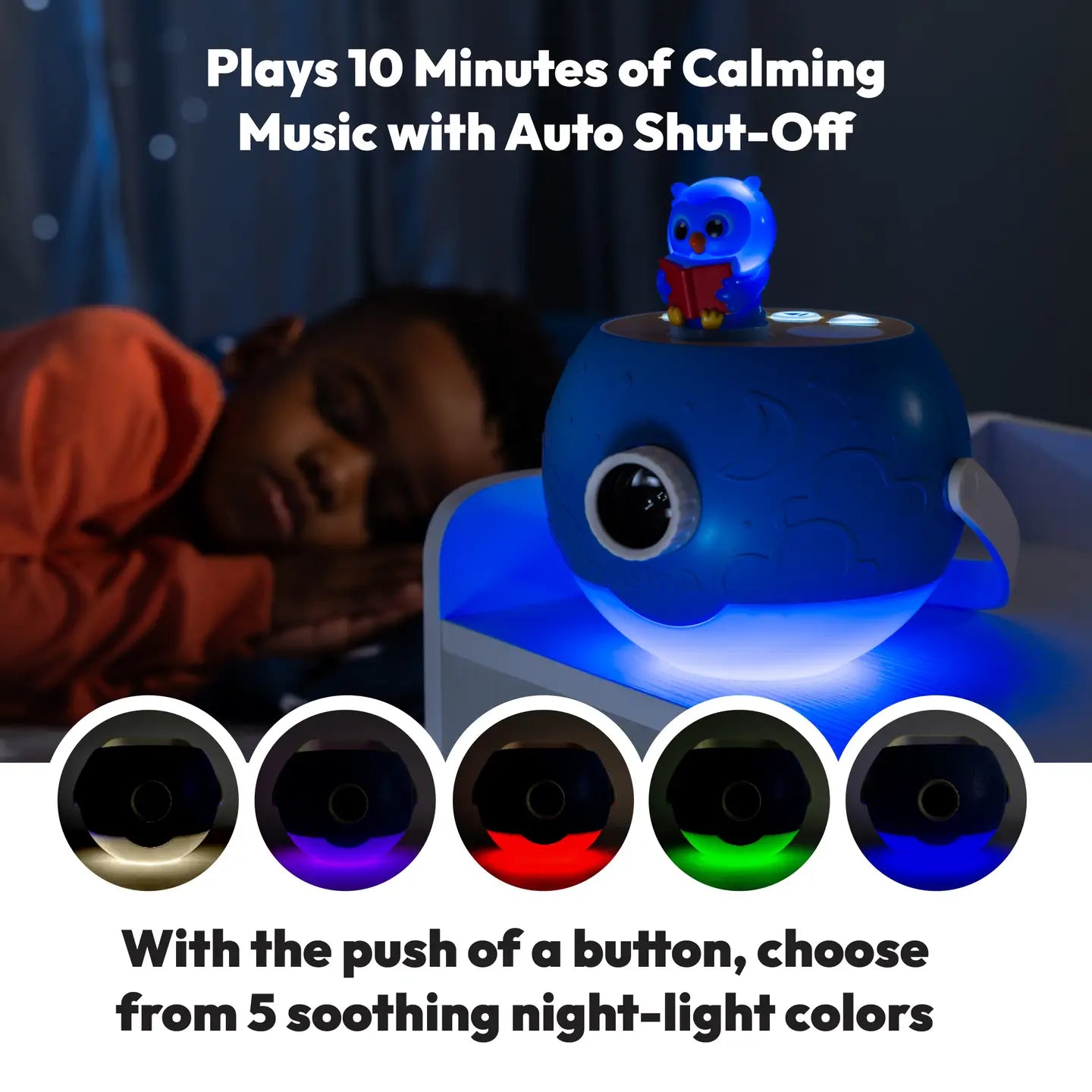projector with sleeping child in background and light display shown.