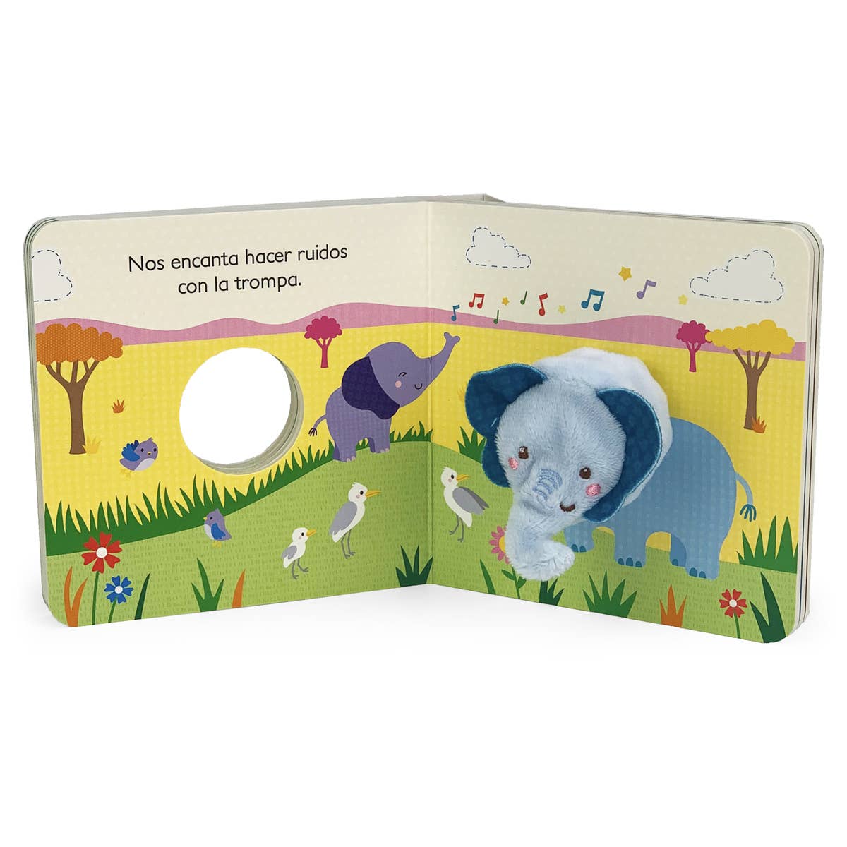 Children's book with an elephant character on a white background