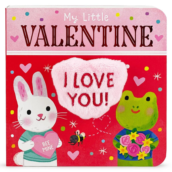 Children's book titled 'My Little Valentine' with a rabbit, frog, and heart design on a red background.
