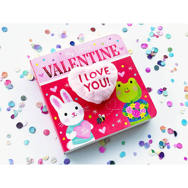 Valentine's Day card with cartoon characters and heart-shaped pillow on a white background with confetti.