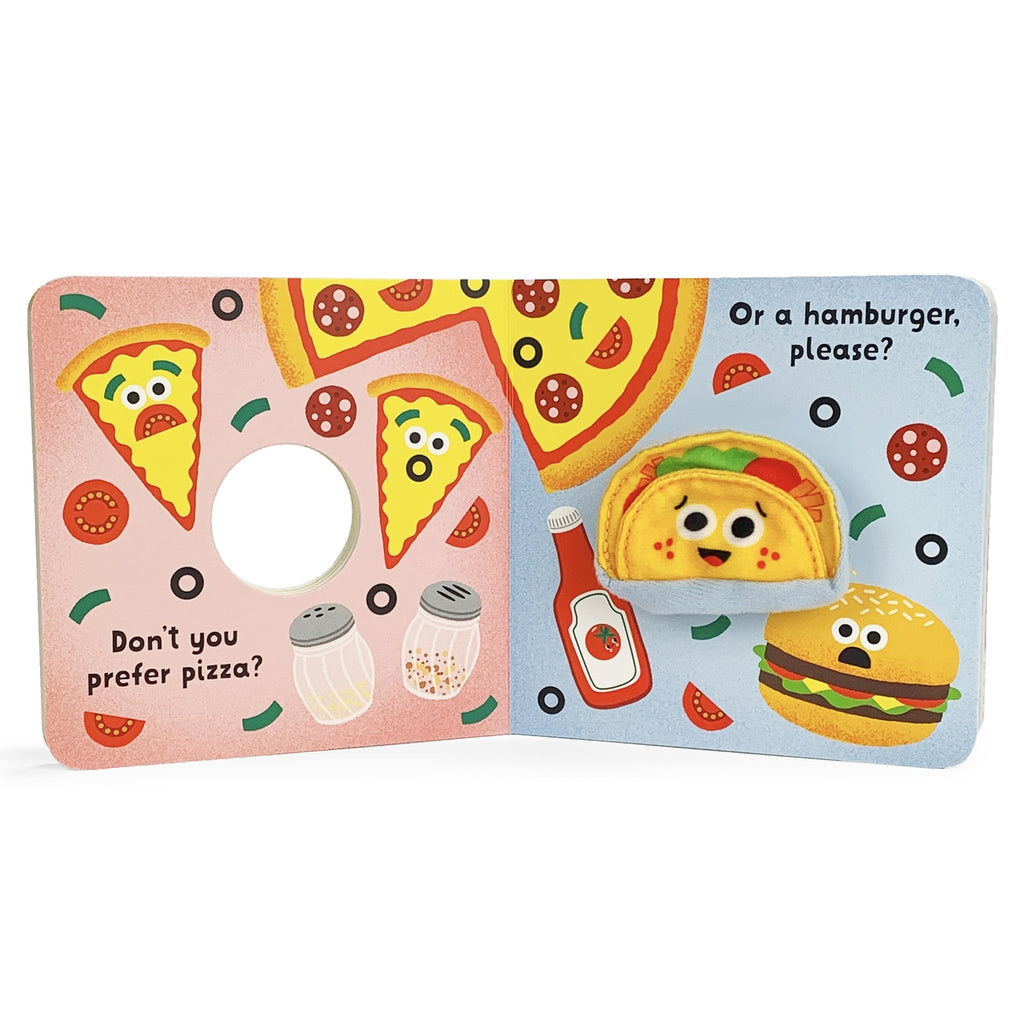 Children's book with illustrations of pizza, taco, and hamburger on a white background