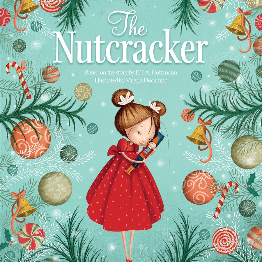 Book cover of 'The Nutcracker' with a girl in a red dress and Christmas decorations.