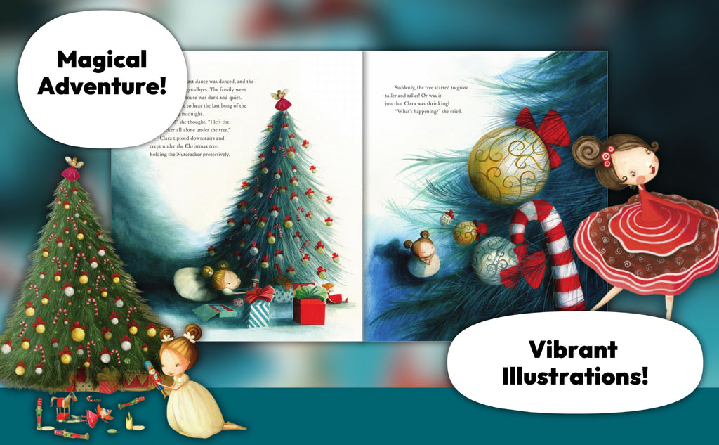 Illustrated book open to a page with Christmas-themed illustrations and text.