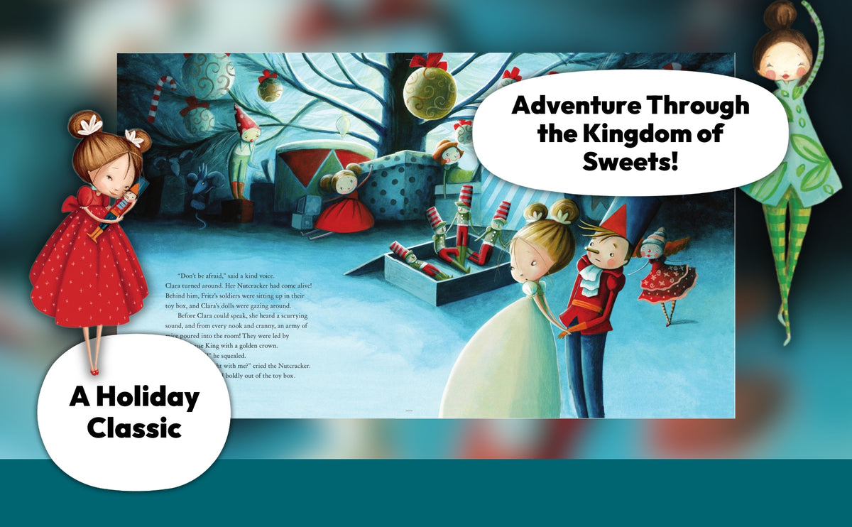 Illustrated book page with characters in a festive setting, featuring text 'Adventure Through the Kingdom of Sweets!'.