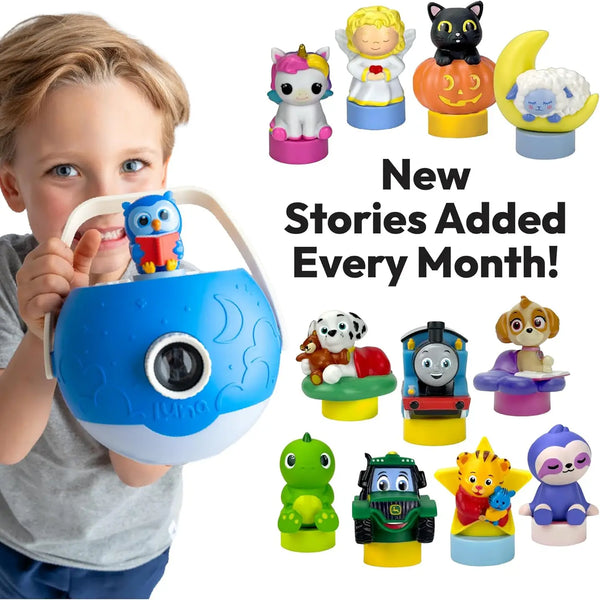 child holding projector with figurines displayed