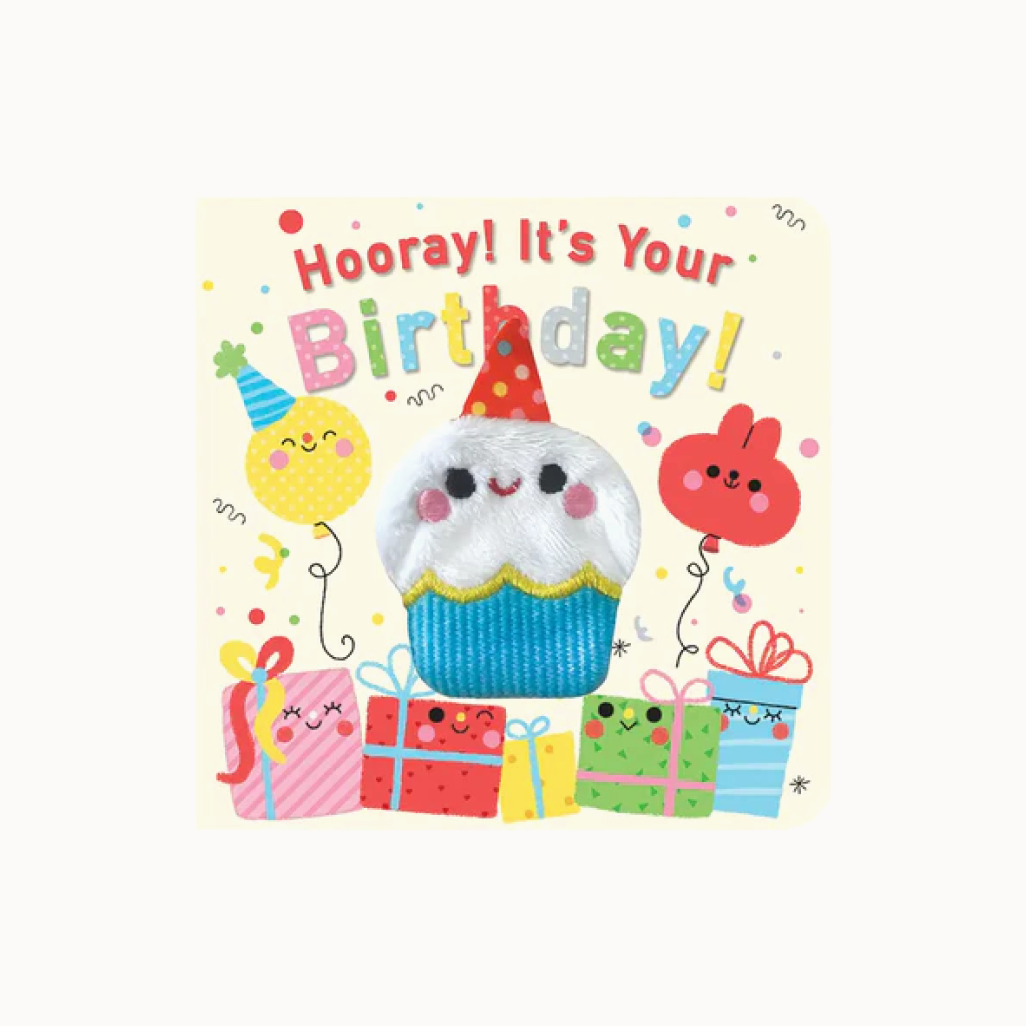 Cover of "Hooray! It's Your Birthday" book with cupcake finger puppet