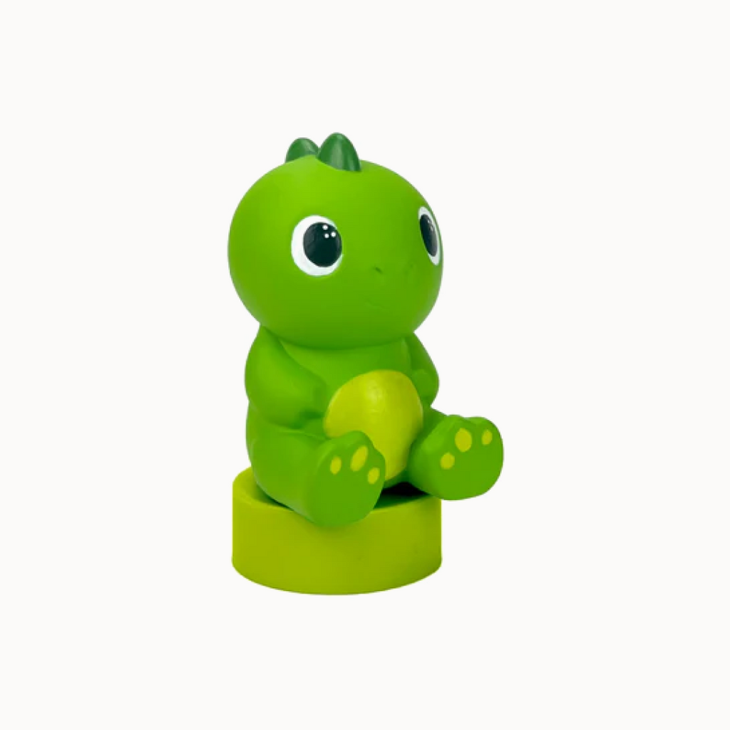 Green dinosaur toy figure on a white background