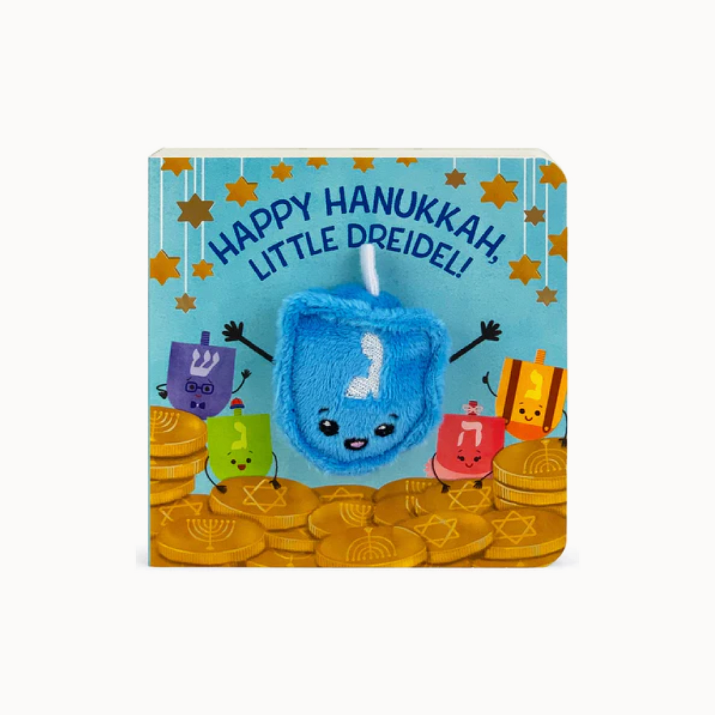 Children's book cover with a blue dreidel, gold coins, and colorful characters on a blue background.