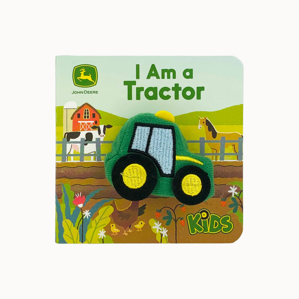 Book cover of 'I Am a Tractor' by John Deere with a tractor illustration on a farm background.