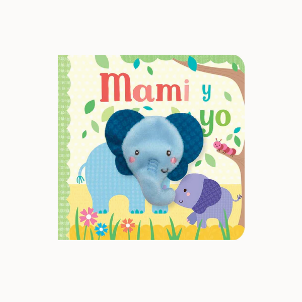 Children's book cover with two elephants and colorful text on a white background