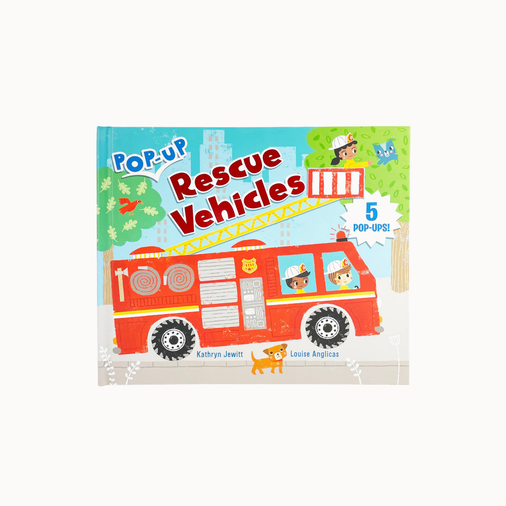 Children's book titled 'Pop-Up Rescue Vehicles' with a fire truck illustration on the cover.