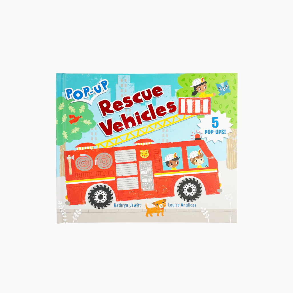 Children's book titled 'Pop-Up Rescue Vehicles' with a fire truck illustration on the cover.