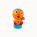 Toy figure of a character with an orange face and blue hair playing a guitar on a white background