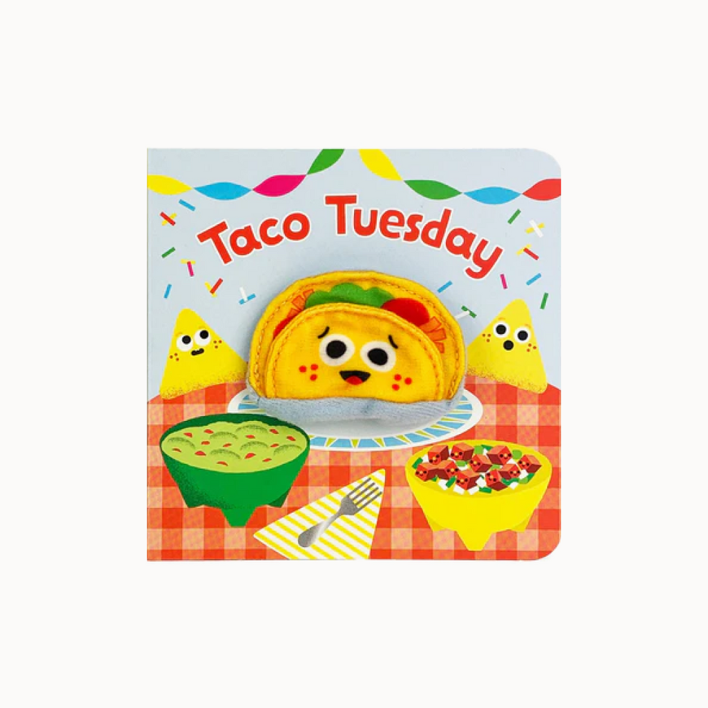 Children's book titled 'Taco Tuesday' with a taco and guacamole illustration on a checkered tablecloth background.