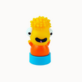 Yellow character with big eyes and orange shirt on a light blue base on a white background