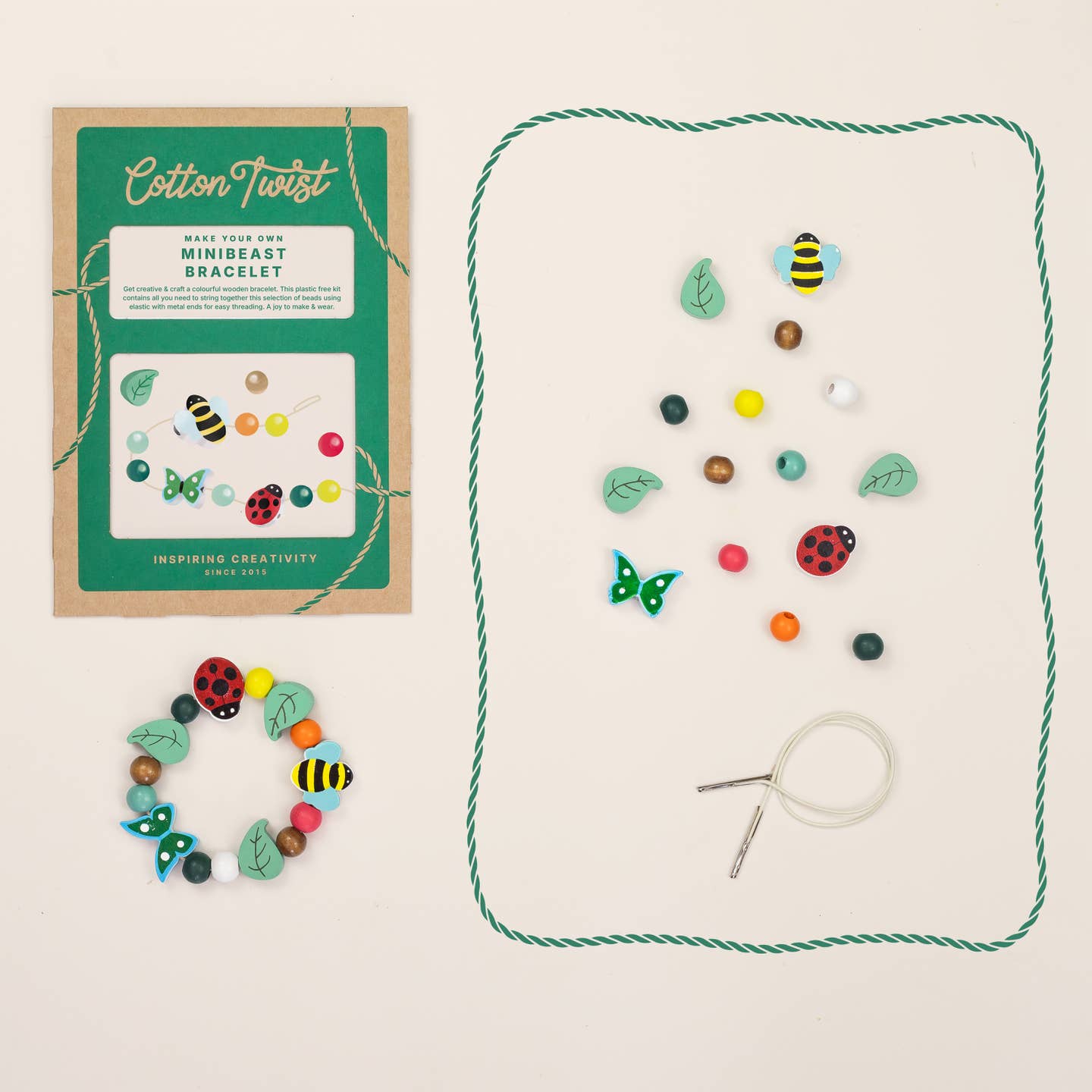 Cotton Twist mini beast bracelet kit with bracelet and beads on a white background