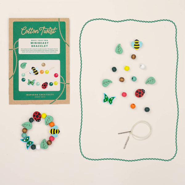 Cotton Twist mini beast bracelet kit with bracelet and beads on a white background