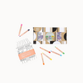 Coloring book and crayons set on a white background