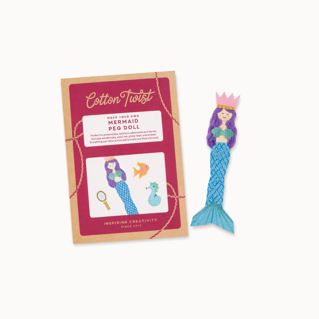 Mermaid peg doll with packaging on a white background
