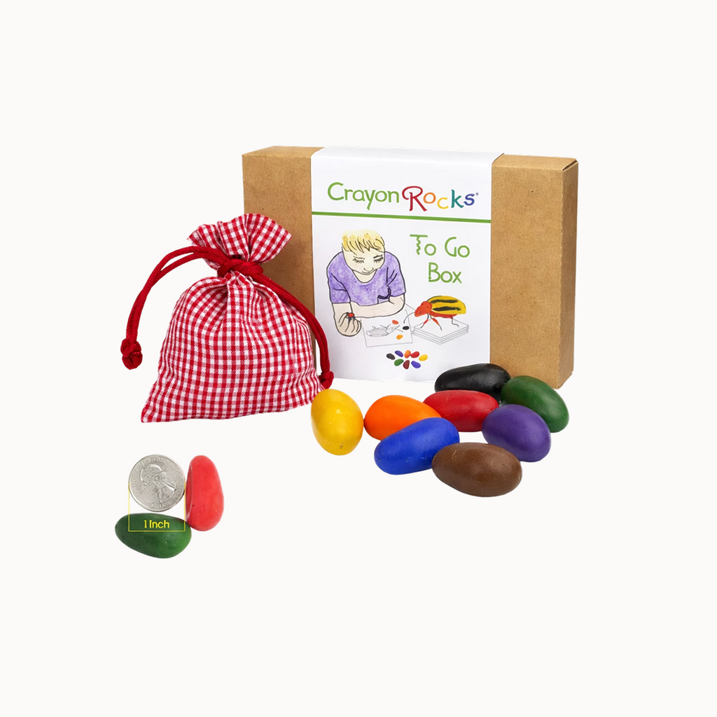 Crayon rocks set - red checkered pouch, colored crayon rocks, and to go box