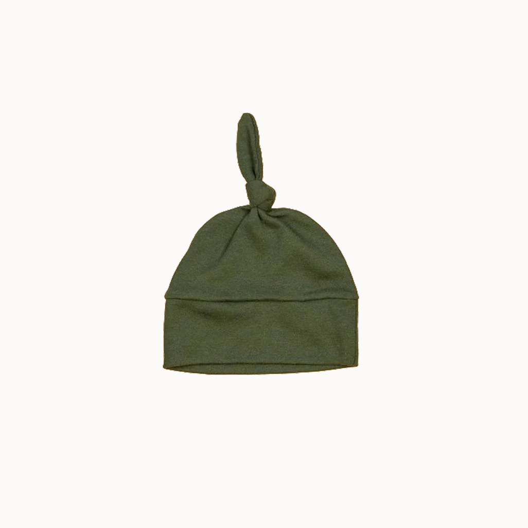 Green newborn hat with knot at the top