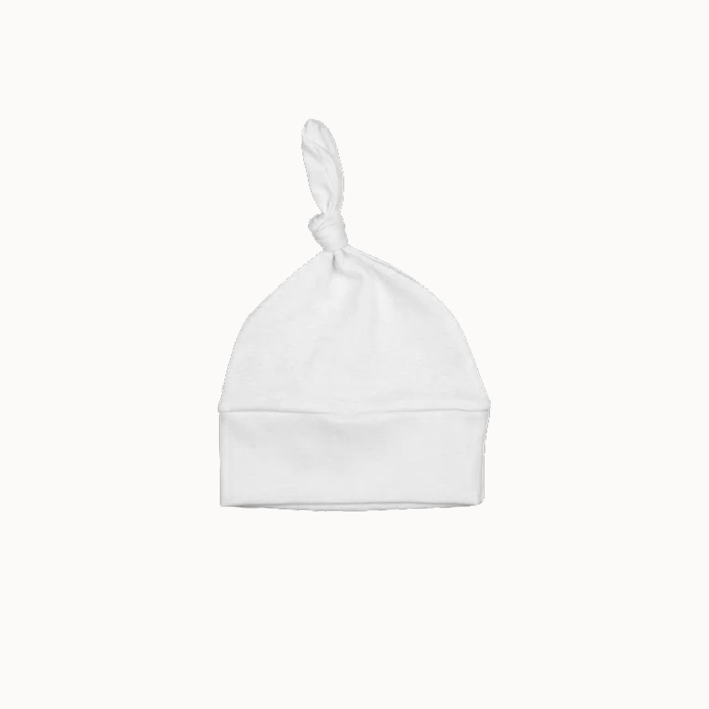White newborn hat with knot at the top