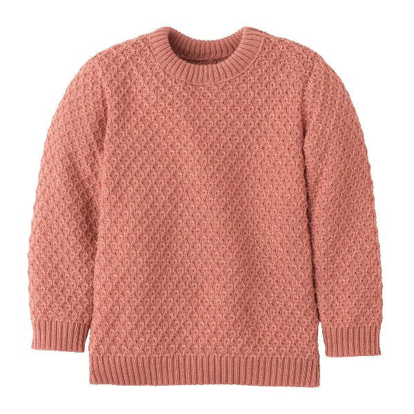 A textured knit crewneck sweater in a dusty rose or terracotta pink color, displayed flat against a solid white background.