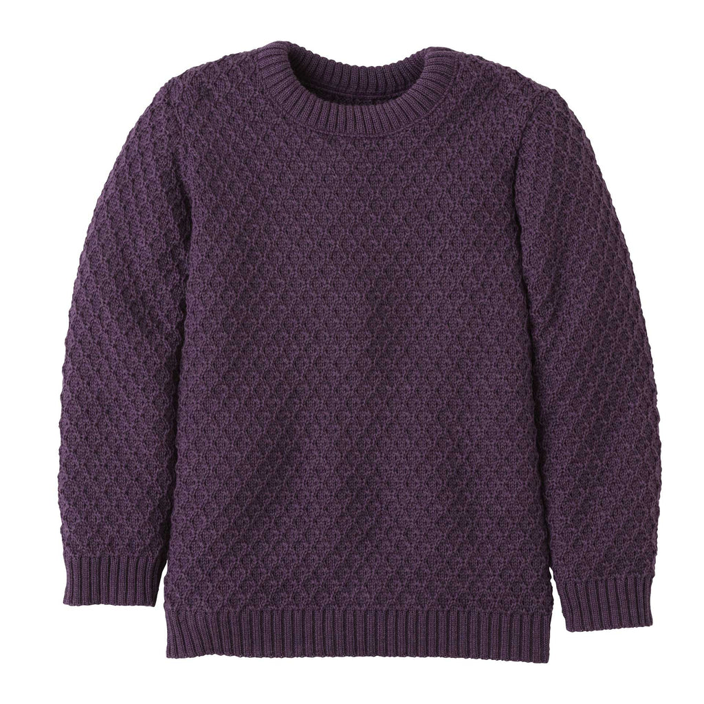 A purple, crew neck, long-sleeved pullover sweater with a traditional zigzag pattern.