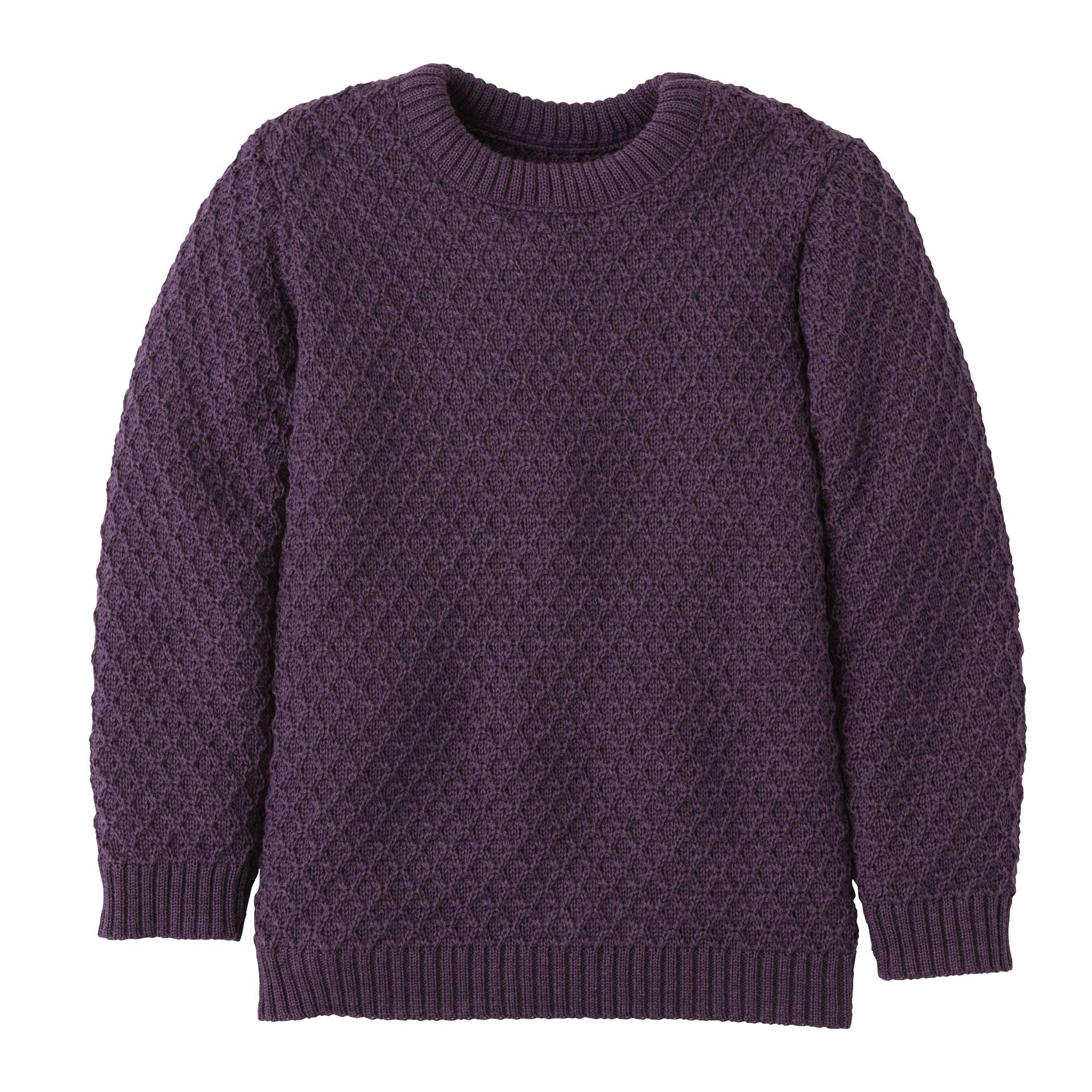 A purple, crew neck, long-sleeved pullover sweater with a traditional zigzag pattern.