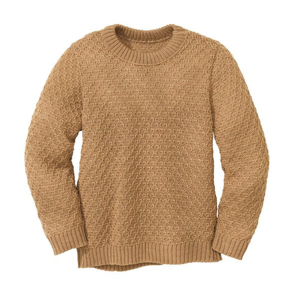 A beige, crew neck, long-sleeved pullover sweater with a traditional zigzag pattern.