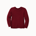 A maroon, crew neck, long-sleeved pullover sweater with a traditional zigzag pattern.