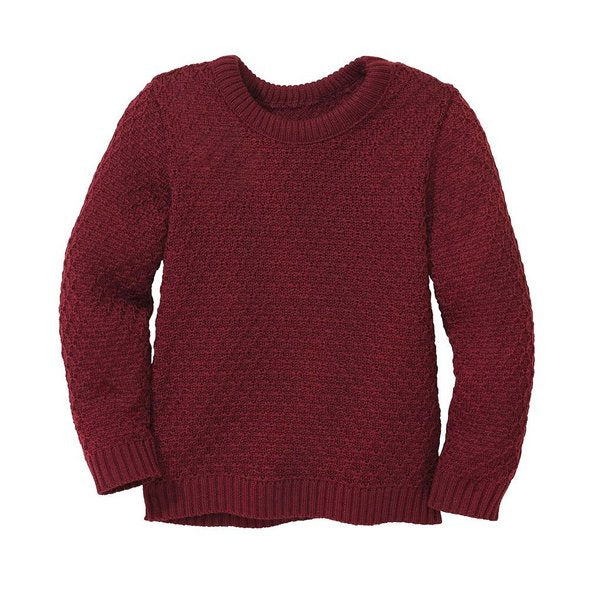 A maroon, crew neck, long-sleeved pullover sweater with a traditional zigzag pattern.