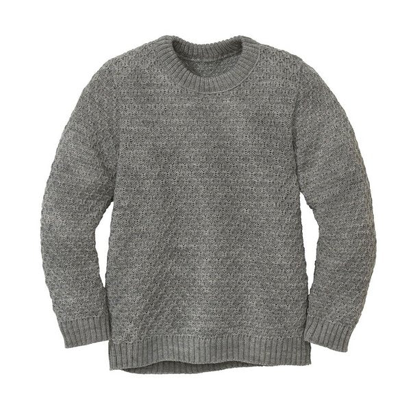 A grey, crew neck, long-sleeved pullover sweater with a traditional zigzag pattern.