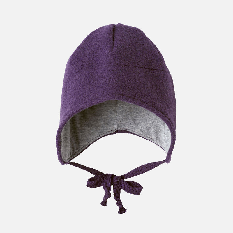 Purple baby bonnet with gray interior on a white background