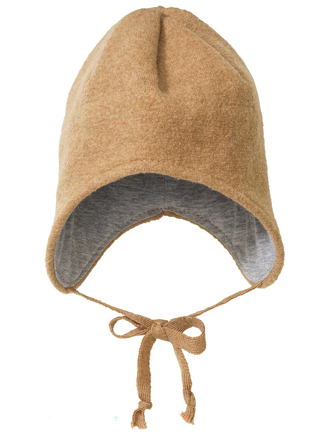 A beige Disana boiled wool hat with ties for adjustment, displayed against a white background.