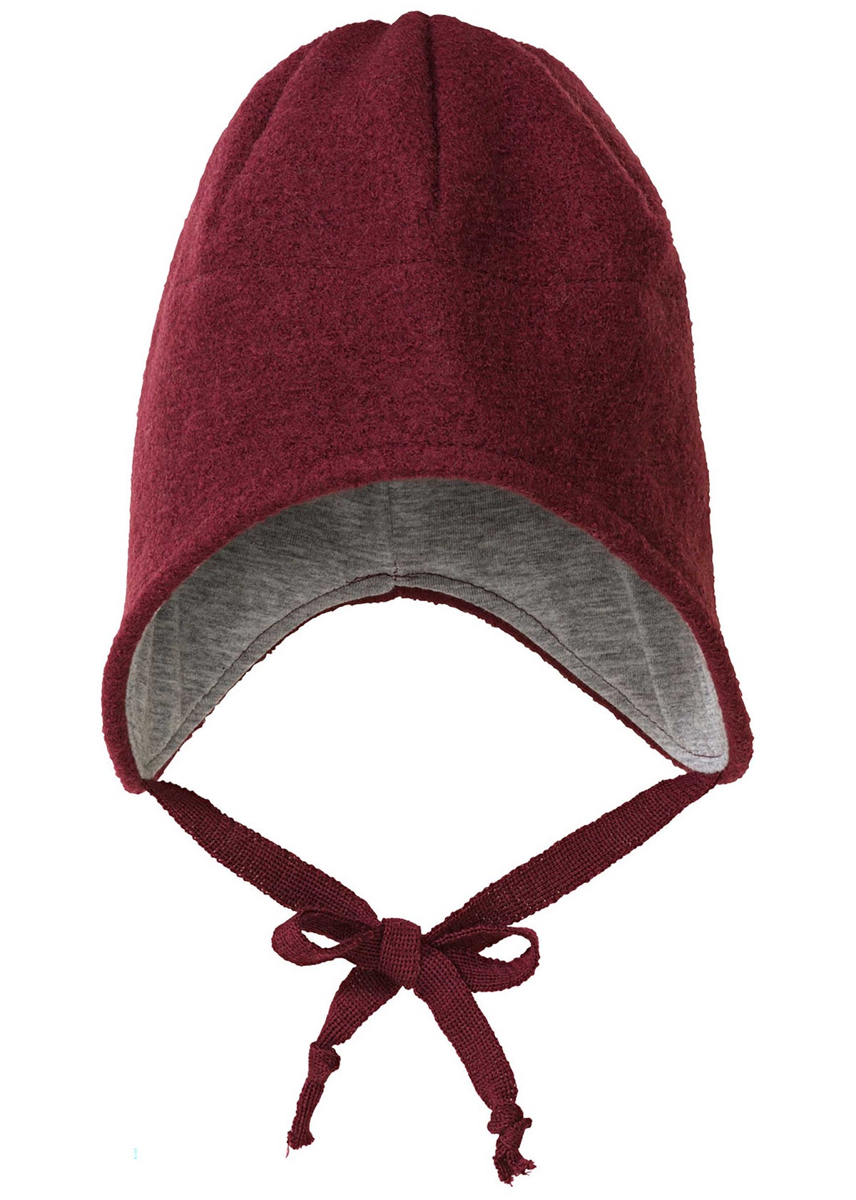 Maroon baby bonnet with gray interior on a white background