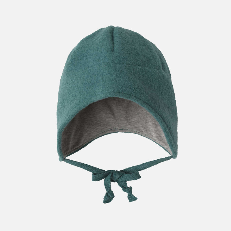 Green baby bonnet with a gray interior on a white background