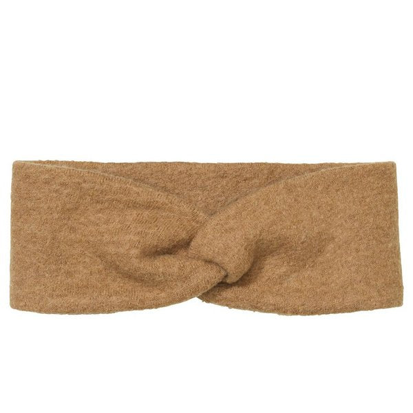 A gray boiled wool headband with a twist in the middle, presented on a neutral background.