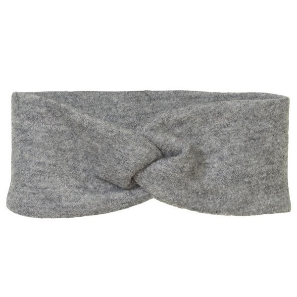 A gray boiled wool headband with a twist in the middle, presented on a neutral background.